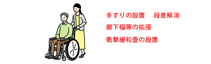 手すりの設置　段差解消　廊下幅等の拡張　衝撃緩和畳の設置